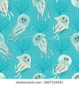 Cartoon seamless pattern with cute jellyfish. Smile underwater animal characters swim among algae. Blue and pink colors. Wildlife print on fabric and paper. Vector design for textile, wallpaper,cover.