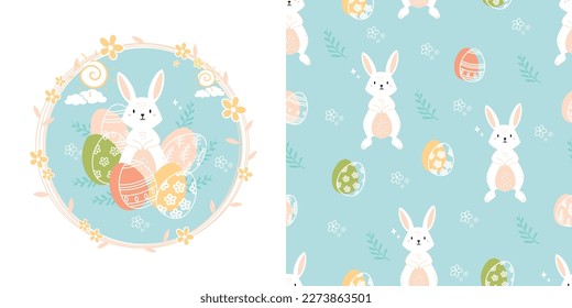 Cartoon and seamless pattern cute kawaii rabbit happy easter. Vector illustration. Kids collection. Design for kids apparel, cards, fabric, wallpaper.