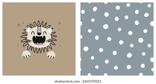 Cartoon and seamless pattern with cute lion and dots. Vector illustration, design for print, fabric, textile, wallpaper, wrapping