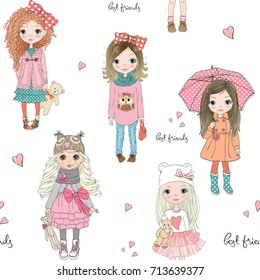 Cartoon seamless pattern with cute little girls. Vector illustration.