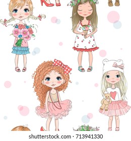 Cartoon seamless pattern with cute little baby girls. Vector illustration.