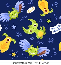 Cartoon seamless pattern with Cute Monsters for childen backgrounds, fabrics, textile graphics, prints. Flat Vector illustration