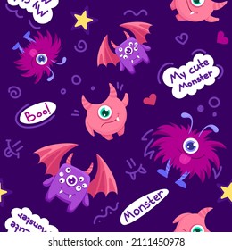 Cartoon seamless pattern with Cute Monsters for childen backgrounds, fabrics, textile graphics, prints. Flat Vector illustration