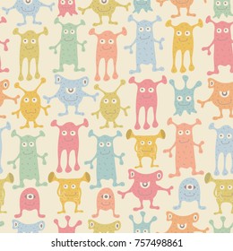 Cartoon seamless pattern with cute monsters. Kid funny background in vintage colors. Vector