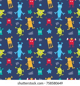 Cartoon seamless pattern with cute monsters, stars and inscriptions in bright colors on blue background. Vector