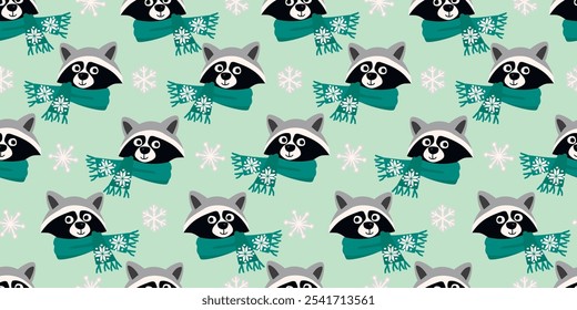 Patrón inconsútil de la historieta con la cabeza linda del mapache y los copos de nieve. Fondo de la estación del invierno con carácter animal con la bufanda. Impresión colorida en tela y papel. Diseño del Vector para la materia textil, Fondo de pantalla sin fin.