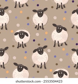 Cartoon seamless pattern with cute sheep and colorful circles.Funny animal characters with texture.Cream and grey on beige background  with free hand shapes.Vector design. Flat color illustration.