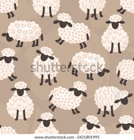 Cartoon seamless pattern with cute sheep.Grunge beige background with animals decorated with  lines and dots.Print on fabric and paper,cover,nursery wall decor,banner template.Vector illustration.
