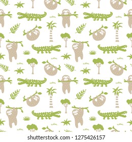 Cartoon seamless pattern with cute sloths hanging on trees, walking crocodiles and palms. Vector kids illustration in green and beige colors