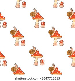 Cartoon seamless pattern with cute snail and fly agaric mushrooms. Red, pink and brown colors on white background. Colorful print on fabric and paper. Vector design for textile, wallpaper, cover.
