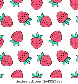 Cartoon seamless pattern of cute strawberries isolated on white background.
