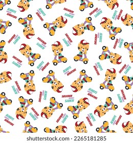 Cartoon seamless pattern of cute tiger riding Scooter . Can be used for t-shirt printing, children wear fashion designs and other decoration.