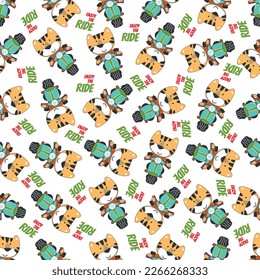 Cartoon seamless pattern of cute tiger riding Scooter . Can be used for t-shirt printing, children wear fashion designs and other decoration.