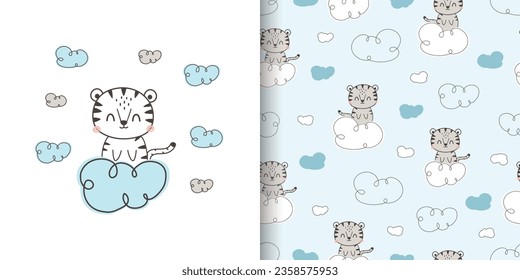 Cartoon and seamless pattern with cute tiger. Animal cartoon background. Vector illustration. Design for print, fabric, textile, wallpaper and wrapping