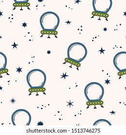 Cartoon seamless pattern with cute ufo. Alien ships for space flights background. Futuristic cosmic shuttle texture with stars for kids fabric.