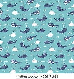 Cartoon seamless pattern with cute whales in the ocean. Vector