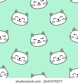 Cartoon seamless pattern of cute white cat faces isolated on mint background.	