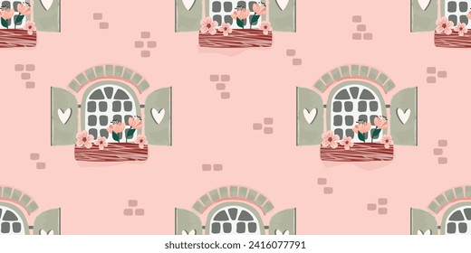 Dibujo sin fisuras con ventanas lindas.Caso vintage con persianas, flores en ollas, pared con ladrillo.Fondo de color gris y rosa para imprimir en tela y papel.Ilustración vectorial.