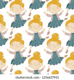 Cartoon seamless pattern with dancing girl. Kids daily routine point. Cute modern flat vector illustration on white background.