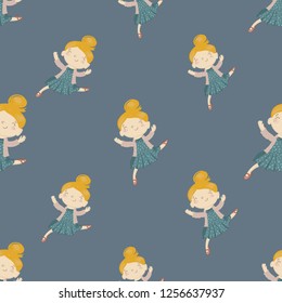 Cartoon seamless pattern with dancing girl. Kids daily routine point. Cute modern flat vector illustration on blue background.