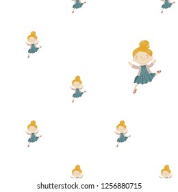 Cartoon seamless pattern with dancing girl. Kids daily routine point. Cute modern flat vector illustration on white background.
