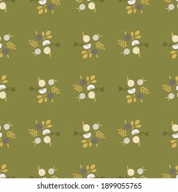 Cartoon nahtlose Muster mit dekorativen Apfelformen und Blattwerk. Grüner Olivenhintergrund. Stockillustration. Vektordesign für Textilien, Gewebe, Geschenkpapier, Wallpaper.