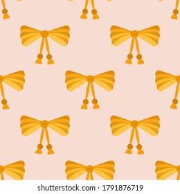 Cartoon seamless pattern with decorative golden bows.  Gift ribbons satin for Christmas gifts, present cards and pack background. Wrapping paper. Vector illustration. 