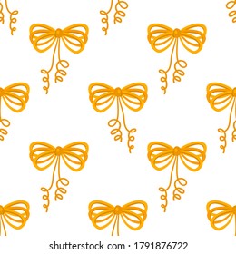 Dibujo sin fisuras con arcos dorados decorativos.  Cintas de regalo satinado para regalos de Navidad, tarjetas de regalo y fondo de paquete. Papel envuelto. Ilustración vectorial. 