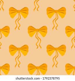Cartoon seamless pattern with decorative golden bows.  Gift ribbons satin for Christmas gifts, present cards and pack background. Wrapping paper. Vector illustration. 