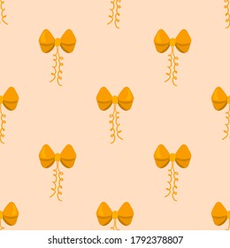 Cartoon seamless pattern with decorative golden bows.  Gift ribbons satin for Christmas gifts, present cards and pack background. Wrapping paper. Vector illustration. 