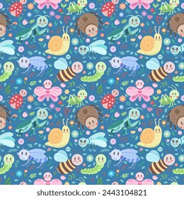 Cartoon seamless pattern with different insects on a blue background. Baby print vector design