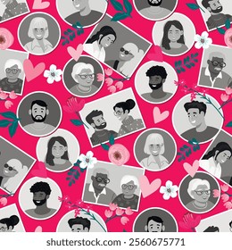 Cartoon seamless pattern with different people in grey colors on pink background.Photos of men and women and colorful flowers.Vector design for printing on fabric and paper.Flat style illustration.