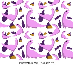 Cartoon seamless pattern with dinosaurs and palm trees. Vector illustration for kids. Use for print design, surface design, fashion kids wear