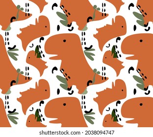 Cartoon seamless pattern with dinosaurs and palm trees. Vector illustration for kids. Use for print design, surface design, fashion kids wear