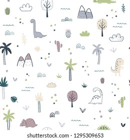 Cartoon seamless pattern with dinosaurs. Vector illustration for kids. Use for print design, surface design, fashion kids wear