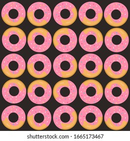 Cartoon seamless pattern with donuts on a dark background. Creative texture and packaging design.