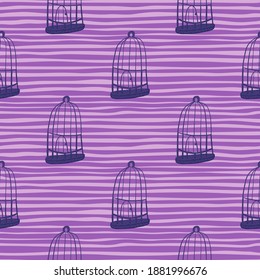 Cartoon seamless pattern with doodle bird cage silhouettes. Purple striped background. Decorative backdrop for fabric design, textile print, wrapping, cover. Vector illustration.