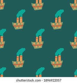 Cartoon nahtlose Muster mit doodle kindisch Schiff Verzierung. Dunkel-türkiser Hintergrund. Vektorgrafik für saisonale Stoffdrucke, Stoffe, Banner, Hintergründe und Wallpaper.