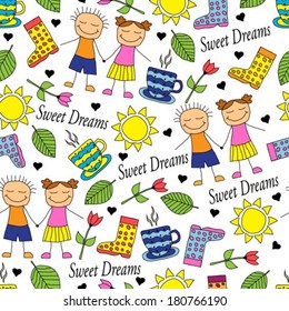 Cartoon seamless pattern with doodle couple in love and miscellaneous items