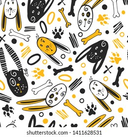 Cartoon seamless pattern with doodle dogs.
