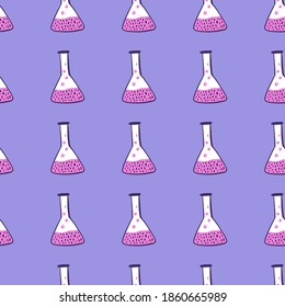 Cartoon seamless pattern with doodle flask ornament. Pink chemical shapes on blue background. Great for fabric design, textile print, wrapping, cover. Vector illustration.