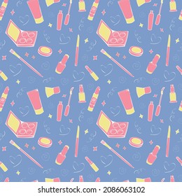 Cartoon nahtloses Muster im Dodle-Stil mit kosmetischen Gegenständen - Nagellack, Lippenstift, Creme, Schatten, Bürsten, Mascara usw. Schminkvorlage für Tapete oder Hintergrund.