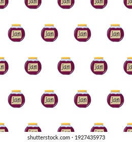 Cartoon seamless pattern for fabric design with jar of purple berry jam. Colorful background.