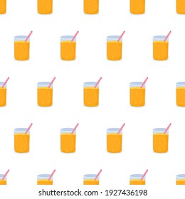 Cartoon seamless pattern for fabric design with glass of orange juice. Colorful background.