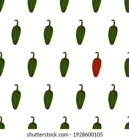 Cartoon seamless pattern for fabric design with green jalapeno. Eye catching element - red jalapeno. Colorful background.