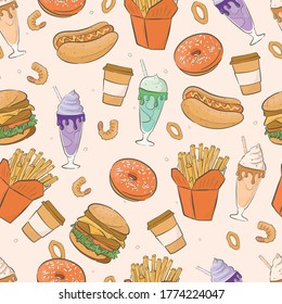 Cartoon seamless pattern with fast food and milkshakes.