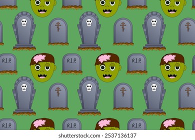 Cartoon seamless pattern featuring zombie faces and tombstones on a green background. Perfect for Halloween-themed designs and decorations.