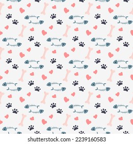 cartoon seamless pattern with fishbone, pets paw print and rlittle hearts