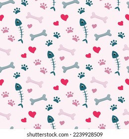 cartoon seamless pattern with fishbone, pets paw print and rlittle hearts