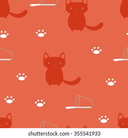Cartoon seamless pattern. Flat style kitten, a glass of milk and paw prints.
